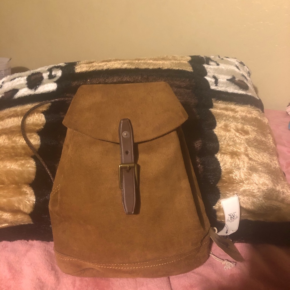 Ranch leather bag w/drawstring straps.Ralph Lauren